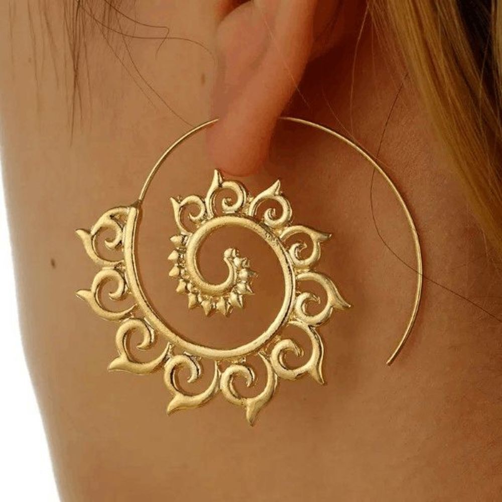 GOLD GEOMETRIC CIRCULAR SPIRAL TRIBAL BOHO GYPSY EARRINGS